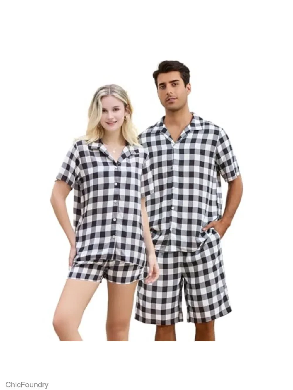 Matching Pajama Set for Couples Plaid Button Down Sleepwear with Pockets